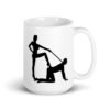 White ceramic bdsm power dynamic mug with the image of a silhouette of a man on his hands and knees and a dominatrix holding his leash printed on both sides.