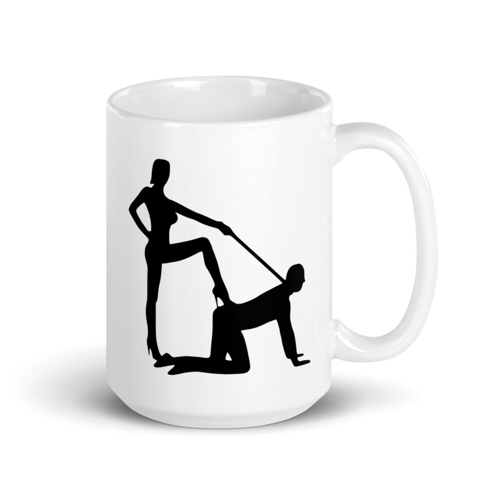 White ceramic bdsm power dynamic mug with the image of a silhouette of a man on his hands and knees and a dominatrix holding his leash printed on both sides.
