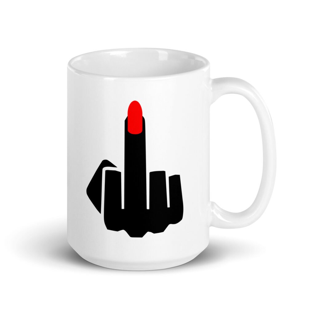 White ceramic coffee mug with an image of a middle finger with long red fingernail silhouette printed on both sides.