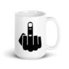 White ceramic coffee mug with an image of middle finger silhouette printed on both sides.