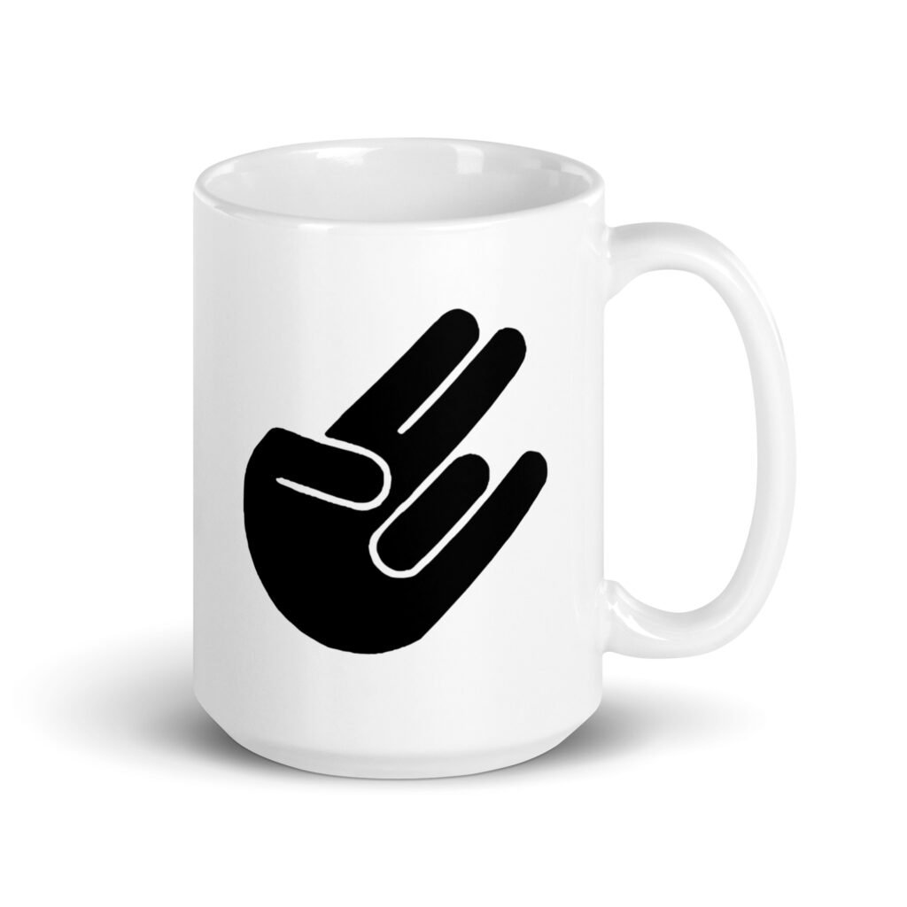 White ceramic coffee mug with the universal hand symbol for The Shocker printed on both sides of the mug.