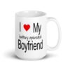 White ceramic coffee mug with the text 'I ❤️ my battery operated boyfriend' printed on both sides.
