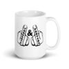 White ceramic mug with an image of 2 line drawing hands with the middle fingers up. The word 'Thoughts' is printed on one middle finger and the word 'Prayers' is printed on the other middle finger.