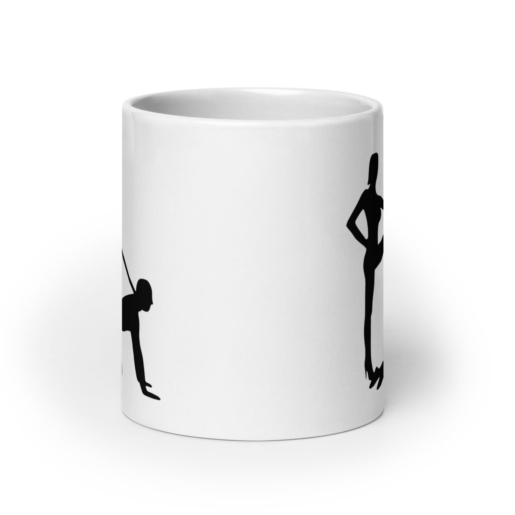 White ceramic bdsm power dynamic mug with the image of a silhouette of a man on his hands and knees and a dominatrix holding his leash printed on both sides.