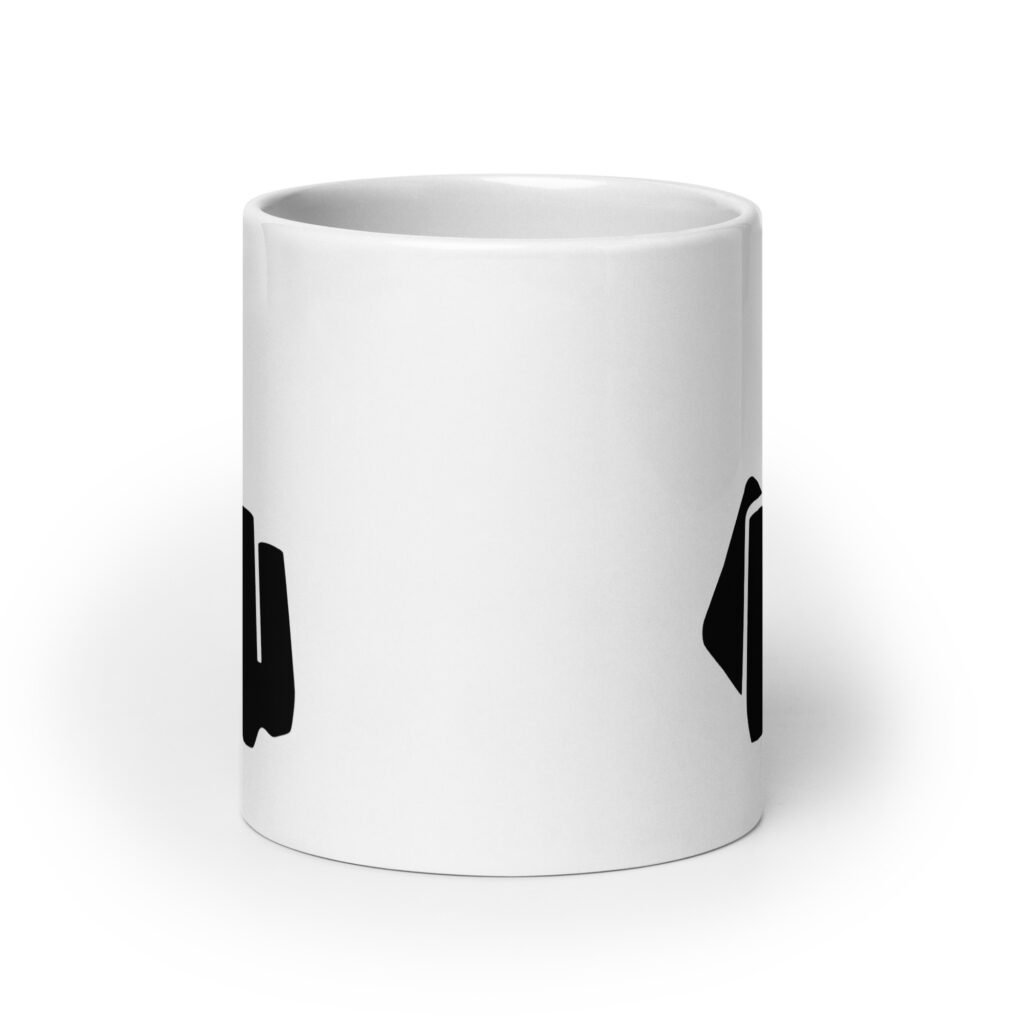 White ceramic coffee mug with an image of middle finger silhouette printed on both sides.