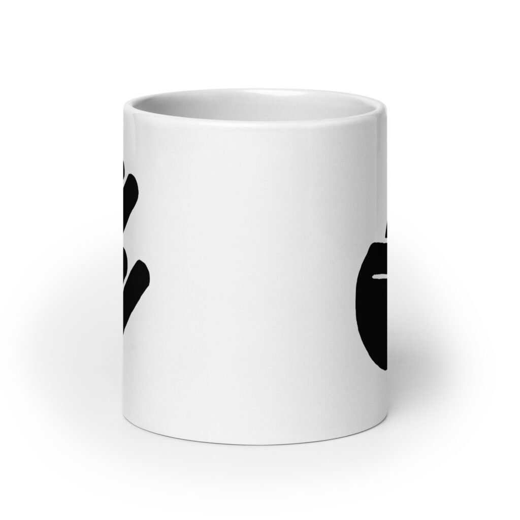 White ceramic coffee mug with the universal hand symbol for The Shocker printed on both sides of the mug.
