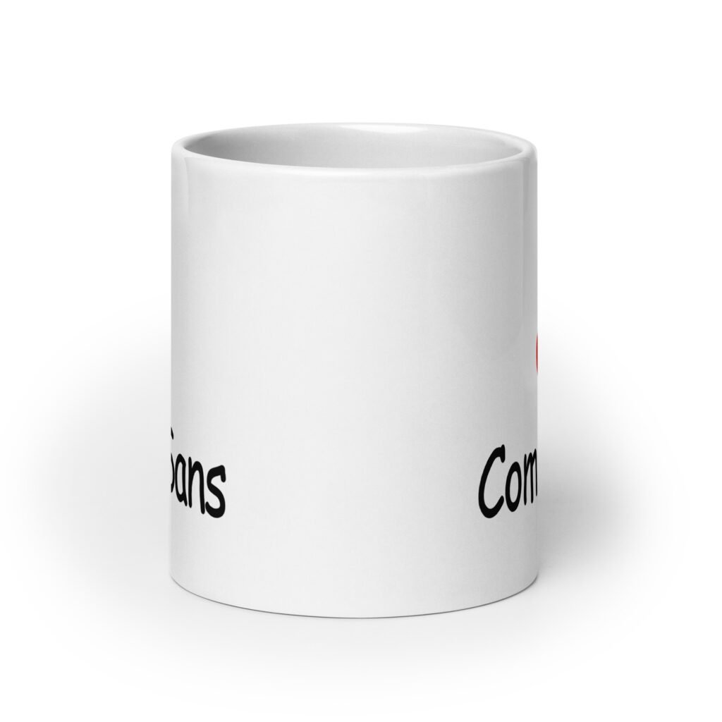 White ceramic mug with the text 'I ❤️Comic Sans' printed on both sides.