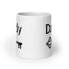 White ceramic coffee mug with an image of a key and the word 'Daddy' printed on both sides.
