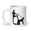 White ceramic bdsm power dynamic mug with the image of a silhouette of a man on his hands and knees and a dominatrix holding his leash printed on both sides.