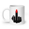 White ceramic coffee mug with an image of a middle finger with long red fingernail silhouette printed on both sides.