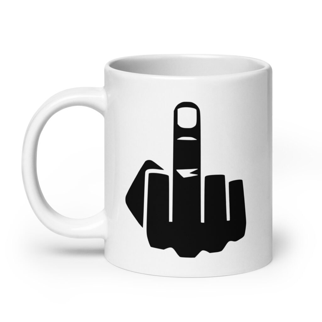 White ceramic coffee mug with an image of middle finger silhouette printed on both sides.