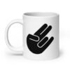 White ceramic coffee mug with the universal hand symbol for The Shocker printed on both sides of the mug.