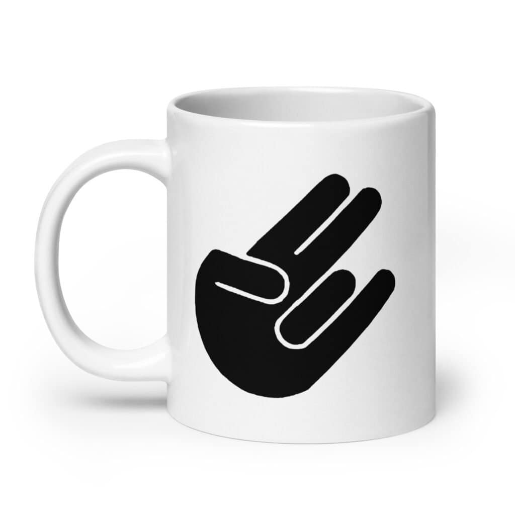 White ceramic coffee mug with the universal hand symbol for The Shocker printed on both sides of the mug.