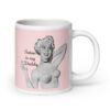 Pink and white ceramic coffee mug with an image of a retro black & white pin-up model and the text 'Satan is my Daddy' printed on both sides.