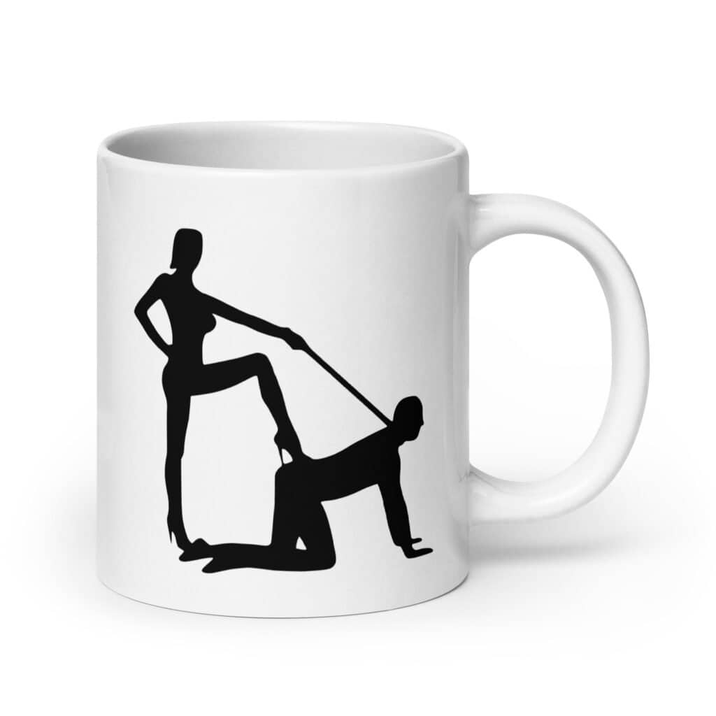 White ceramic bdsm power dynamic mug with the image of a silhouette of a man on his hands and knees and a dominatrix holding his leash printed on both sides.