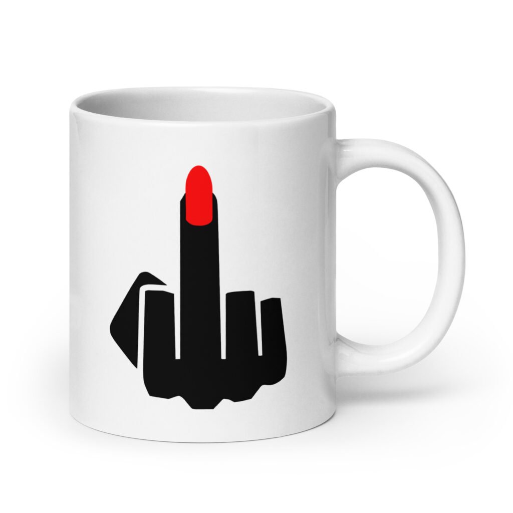 White ceramic coffee mug with an image of a middle finger with long red fingernail silhouette printed on both sides.