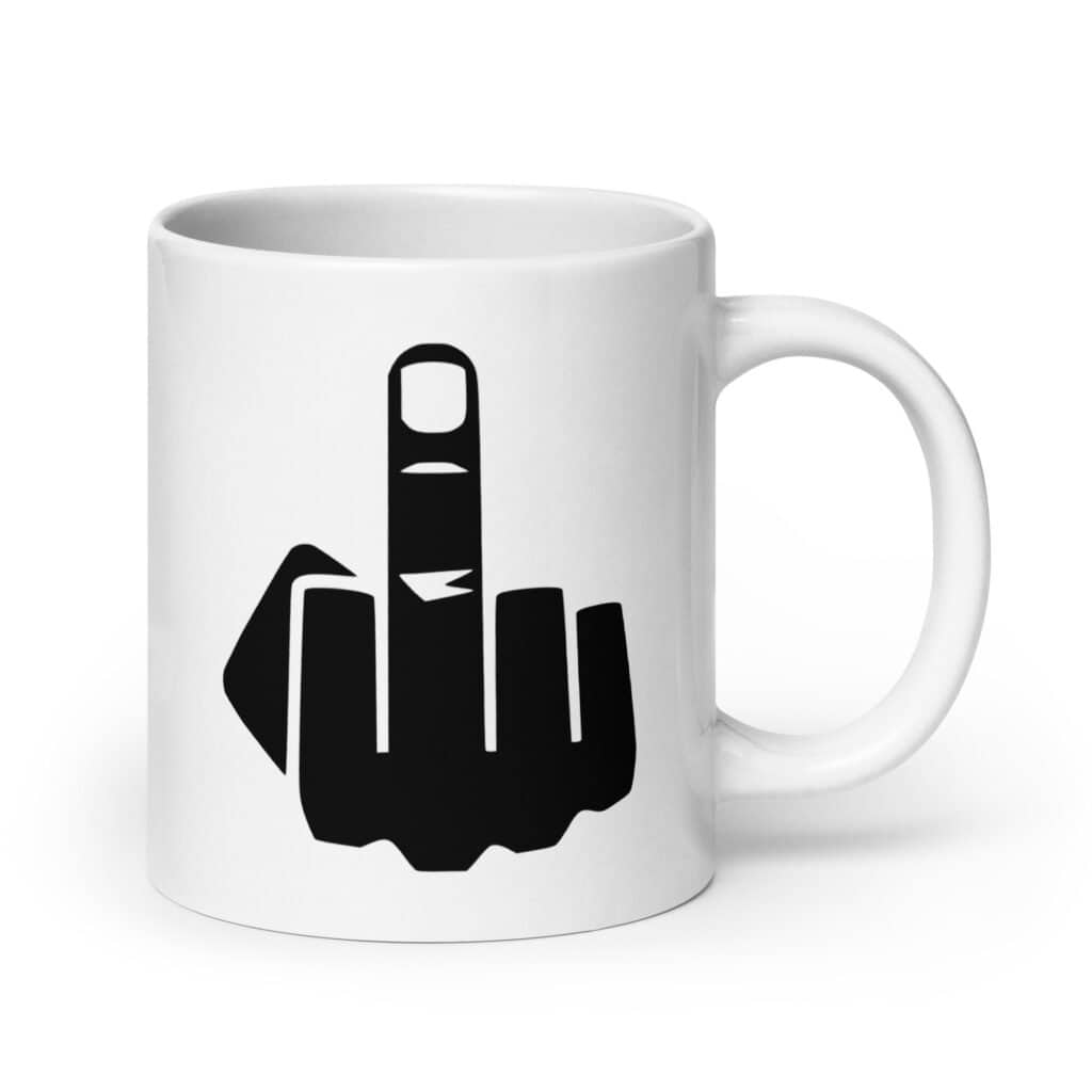 White ceramic coffee mug with an image of middle finger silhouette printed on both sides.