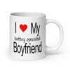 White ceramic coffee mug with the text 'I ❤️ my battery operated boyfriend' printed on both sides.