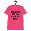 Heliconia pink t-shirt with the text 'Gaslighting isn't real. You're just crazy.' printed on the front in bold distressed font.