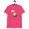 Heliconia pink t-shirt that has an image of a grey rock that is holding a sign. The sign says 'I Rock.' The image is printed on the front of the shirt.