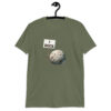 Military green t-shirt that has an image of a grey rock that is holding a sign. The sign says 'I Rock.' The image is printed on the front of the shirt.