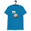 Sapphire blue t-shirt that has an image of a grey rock that is holding a sign. The sign says 'I Rock.' The image is printed on the front of the shirt.