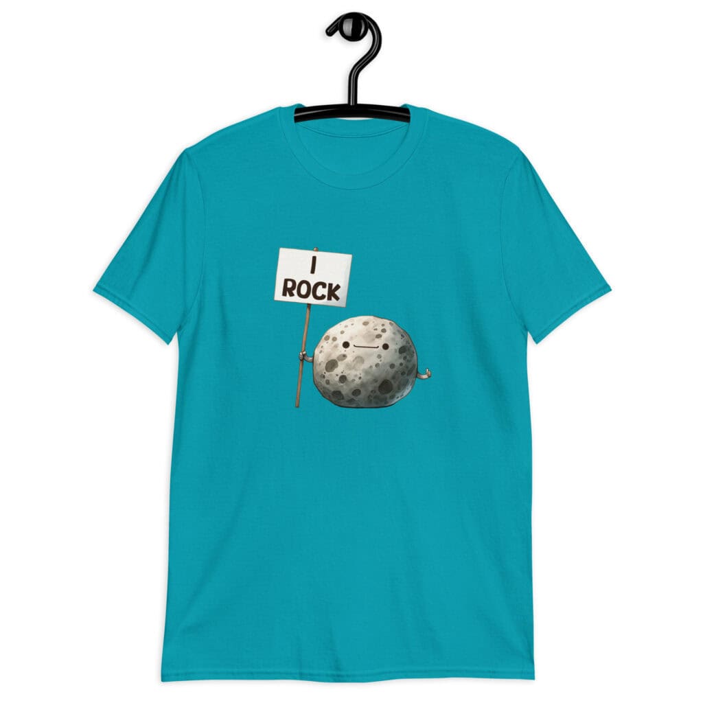 Tropical blue t-shirt that has an image of a grey rock that is holding a sign. The sign says 'I Rock.' The image is printed on the front of the shirt.