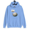 Carolina blue hoodie sweatshirt that has an image of a grey rock that is holding a sign. The sign says 'I Rock.' The image is printed on the front of the hoodie.