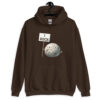 Dark chocolate brown hoodie sweatshirt that has an image of a grey rock that is holding a sign. The sign says 'I Rock.' The image is printed on the front of the hoodie.