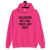 Heliconia pink hoodie sweatshirt with the text 'Gaslighting isn't real. You're just crazy.' printed on the front in bold distressed font.