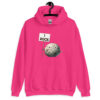 Heliconia pink hoodie sweatshirt that has an image of a grey rock that is holding a sign. The sign says 'I Rock.' The image is printed on the front of the hoodie.