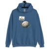 Indigo blue hoodie sweatshirt that has an image of a grey rock that is holding a sign. The sign says 'I Rock.' The image is printed on the front of the hoodie.