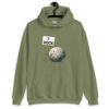 Military green hoodie sweatshirt that has an image of a grey rock that is holding a sign. The sign says 'I Rock.' The image is printed on the front of the hoodie.