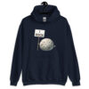 Navy blue hoodie sweatshirt that has an image of a grey rock that is holding a sign. The sign says 'I Rock.' The image is printed on the front of the hoodie.