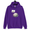 Purple hoodie sweatshirt that has an image of a grey rock that is holding a sign. The sign says 'I Rock.' The image is printed on the front of the hoodie.