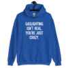 Royal blue hoodie sweatshirt with the text 'Gaslighting isn't real. You're just crazy.' printed on the front in bold distressed font.