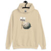 Sand color hoodie sweatshirt that has an image of a grey rock that is holding a sign. The sign says 'I Rock.' The image is printed on the front of the hoodie.
