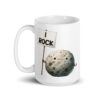 White ceramic mug that has an image of a grey rock that is holding a sign. The sign says 'I Rock.' The image is printed on both sides of the mug.