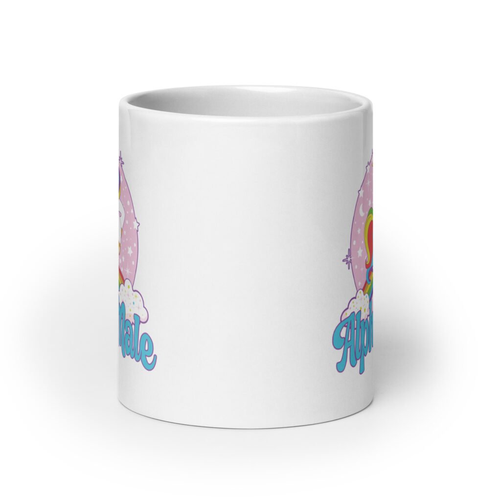 White ceramic mug with funny pastel rainbow unicorn graphics and the words Alpha Male printed on both sides.