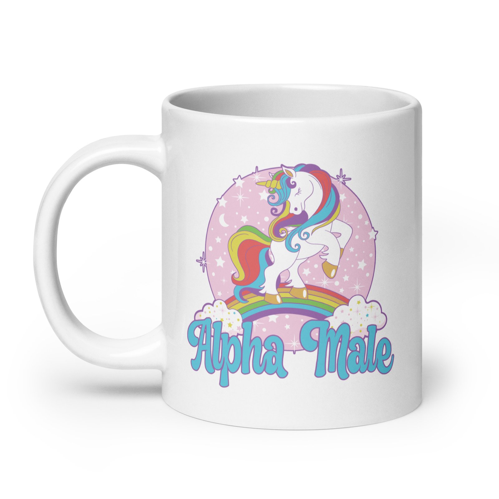 White ceramic mug with funny pastel rainbow unicorn graphics and the words Alpha Male printed on both sides.