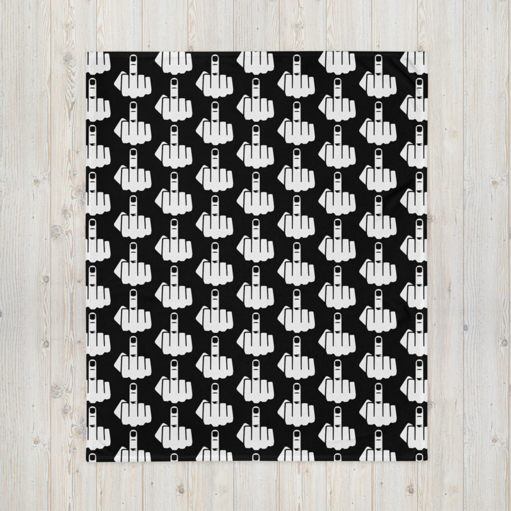 Throw blanket with image of middle finger silhouette printed all over. The blanket is black and the graphic is white.