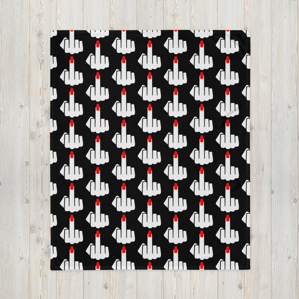 Throw blanket with image of middle finger with long red fingernails silhouette printed all over. The blanket is black and the graphic is white and red.