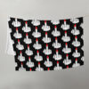 Throw blanket with image of middle finger with long red fingernails silhouette printed all over. The blanket is black and the graphic is white and red.