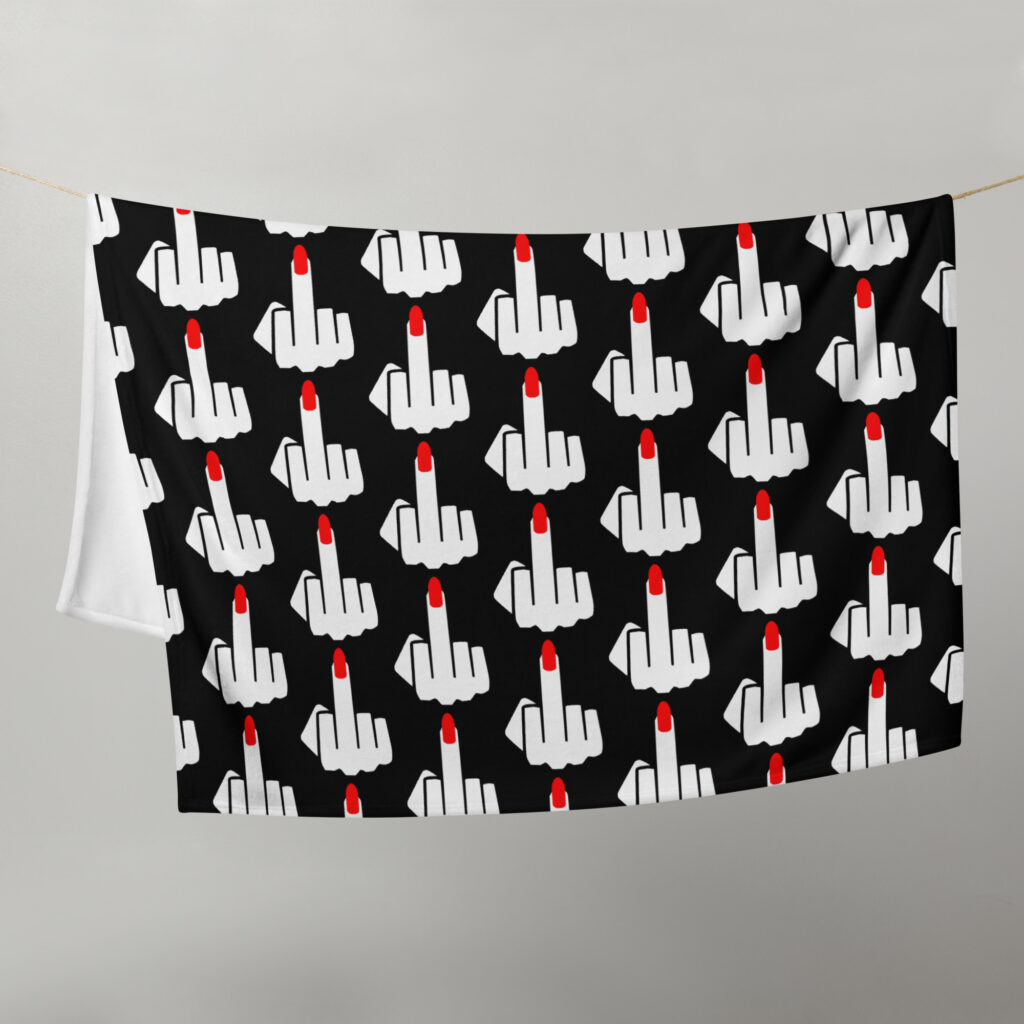 Throw blanket with image of middle finger with long red fingernails silhouette printed all over. The blanket is black and the graphic is white and red.