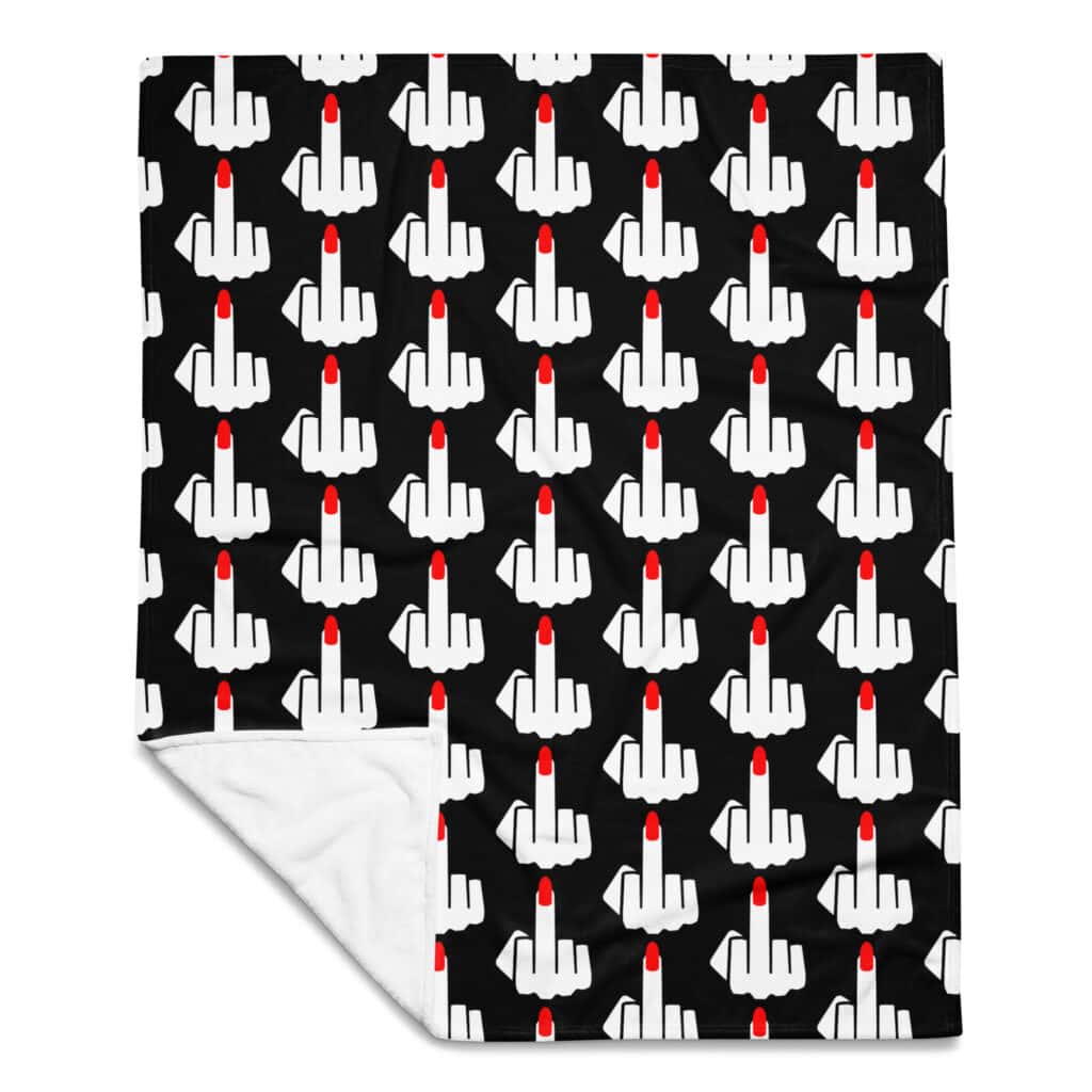 Throw blanket with image of middle finger with long red fingernails silhouette printed all over. The blanket is black and the graphic is white and red.