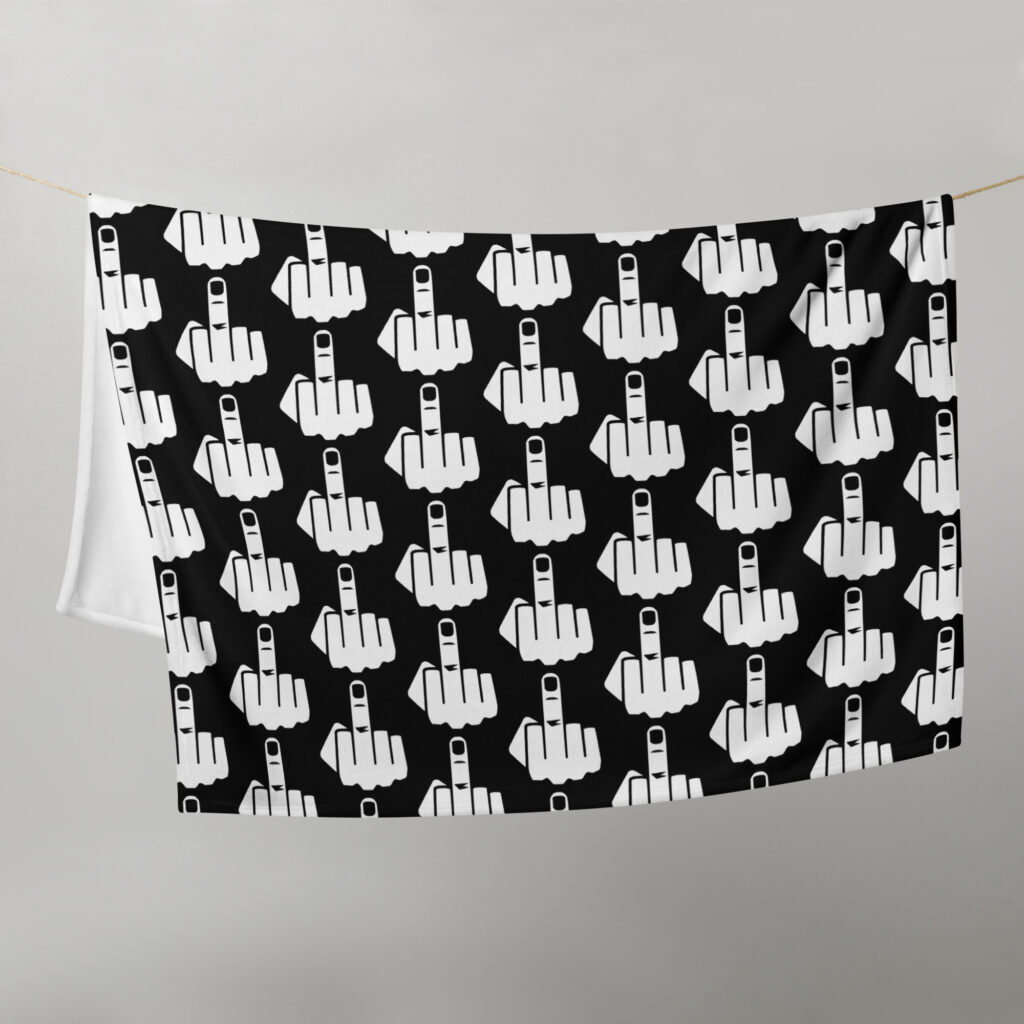 Throw blanket with image of middle finger silhouette printed all over. The blanket is black and the graphic is white.