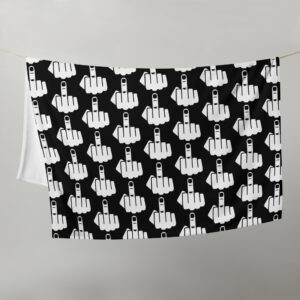Throw blanket with image of middle finger silhouette printed all over. The blanket is black and the graphic is white.