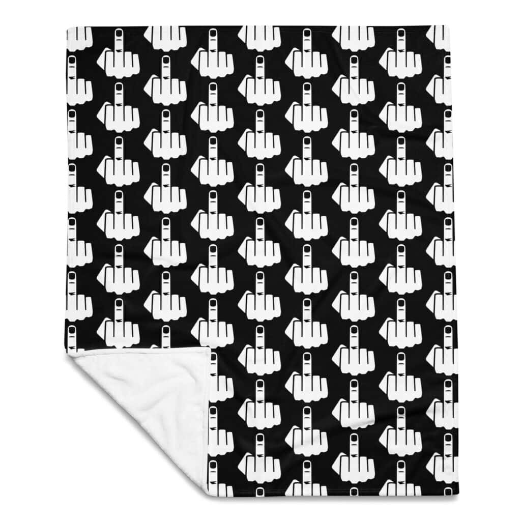 Throw blanket with image of middle finger silhouette printed all over. The blanket is black and the graphic is white.