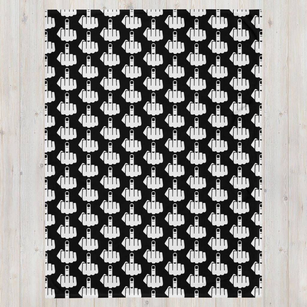 Throw blanket with image of middle finger silhouette printed all over. The blanket is black and the graphic is white.