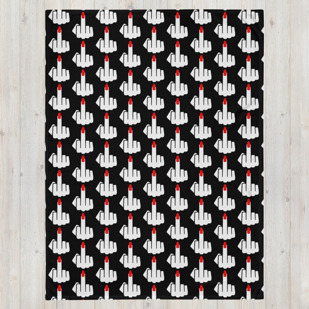 Throw blanket with image of middle finger with long red fingernails silhouette printed all over. The blanket is black and the graphic is white and red.